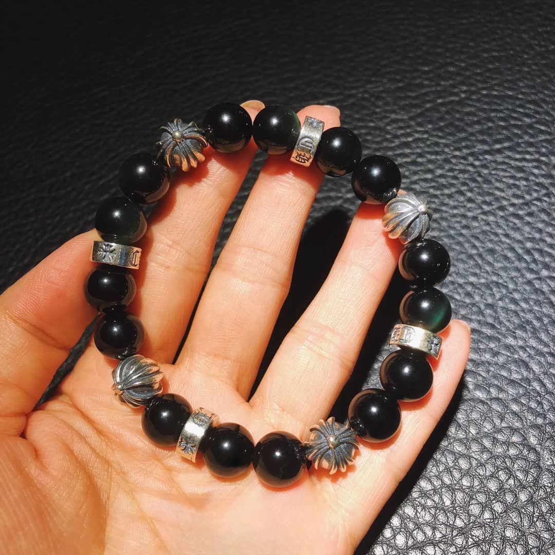 Chrome Hearts Elegant Black Bead Bracelet with Silver Accents